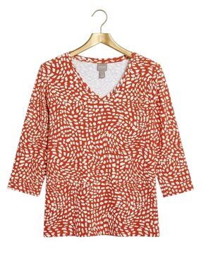 CHICO'S Orange and White Abstract Mosaic Cotton V-Neck Top - Size Large